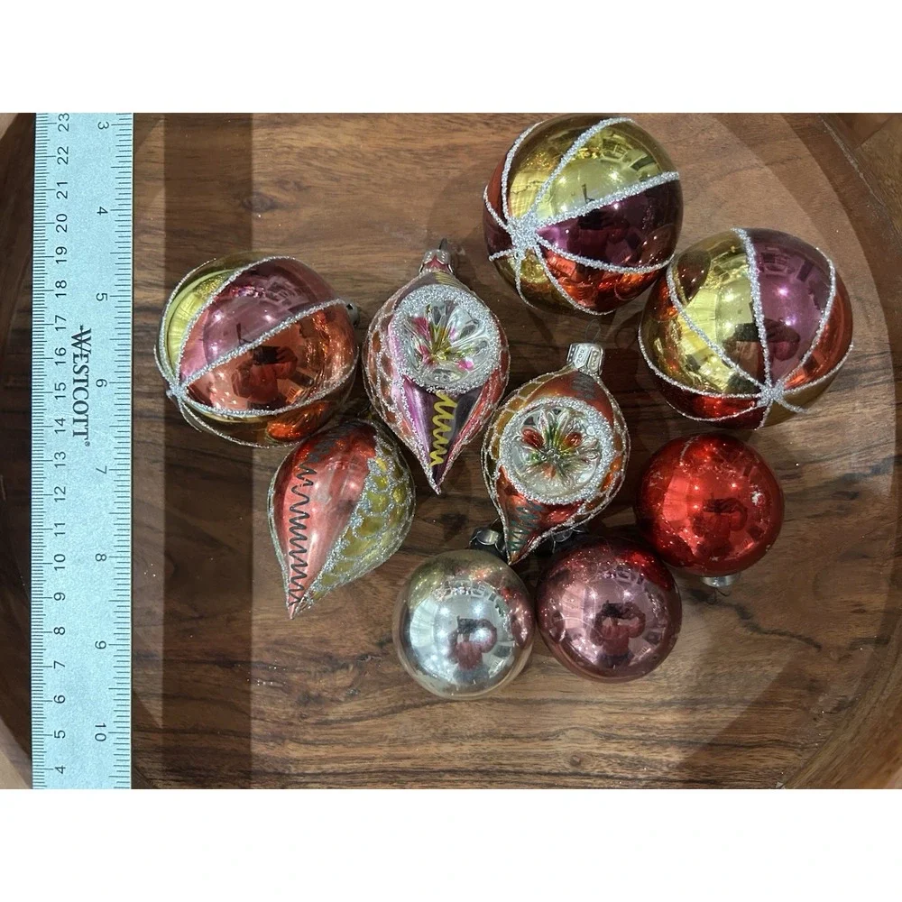 Vintage 1940s/1950s MCM Indented Glass Christmas Ornaments Lot of 9 Estate Find‎